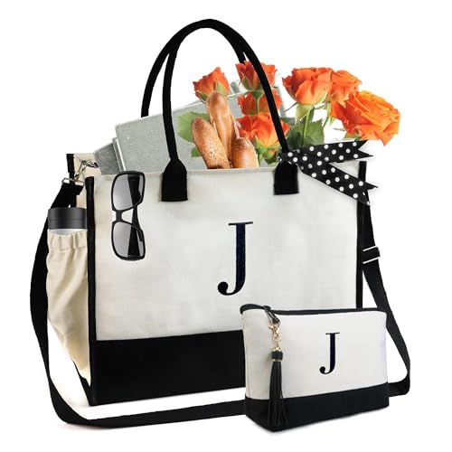 BeeGreen Mother's Day Gifts Personalized Women's Large White and Black Canvas Tote Bag, Embroidered Initials, Leather Handle, Zipper Closure