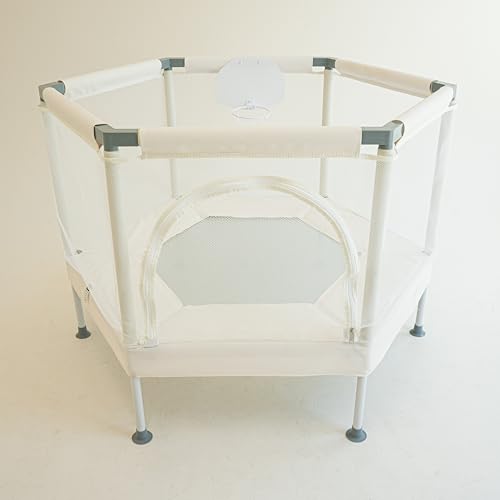 Kids Trampoline, Aesthetic Indoor and Outdoor Toddler Trampoline with Safety Net, Basketball Hoop, 220lb Capacity, Ultra Safe No-Gap Design, Gifts for Boys & Girls