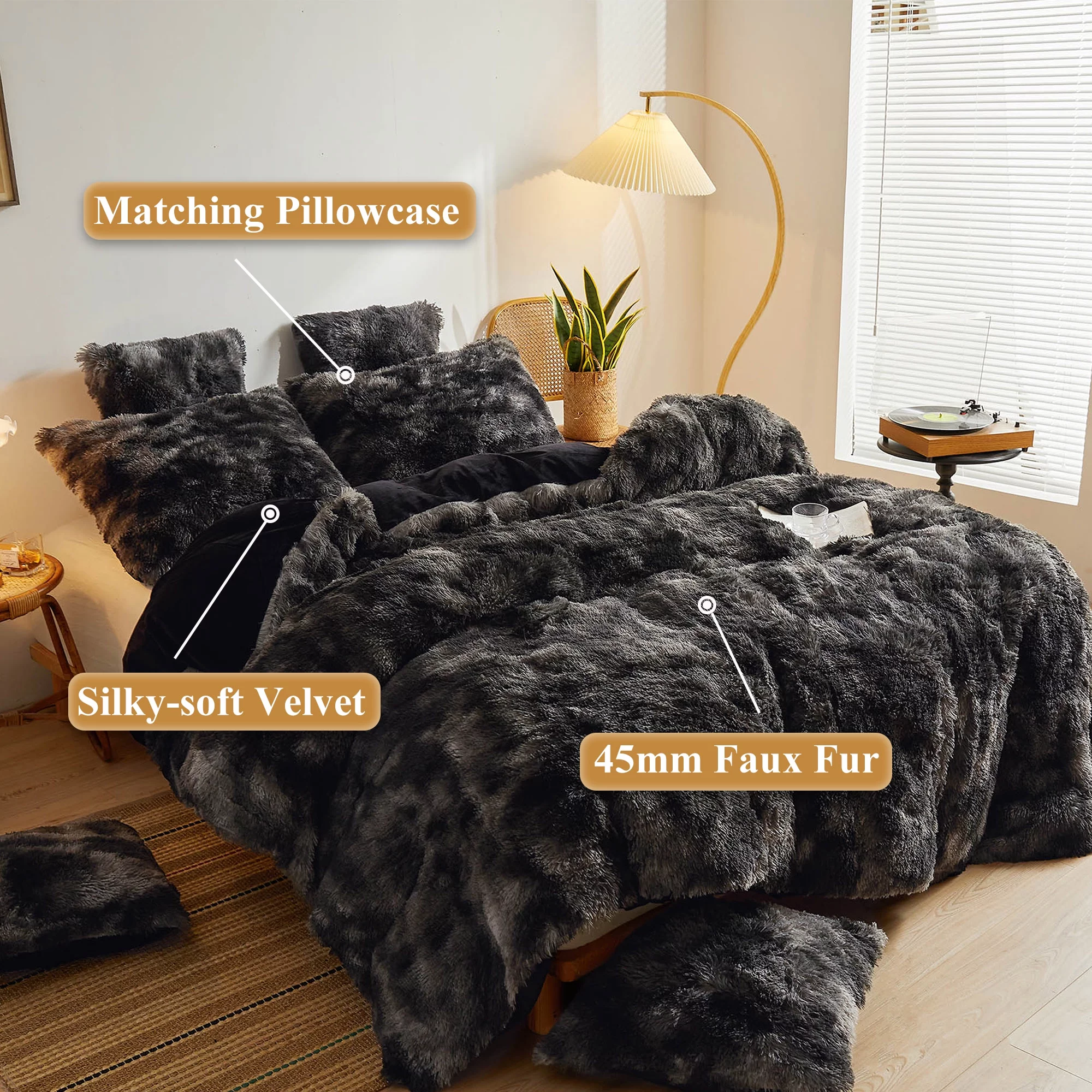 XeGe Tie Dye Plush Shaggy Duvet Cover Set, Ombre 3 Pieces Soft Velvet Fluffy Furry Bedding Set Marble Print(1 Faux Fur Fuzzy Comforter Cover + 2 Pillow Cases), Zipper Closure(Queen, Tie Dye Black)