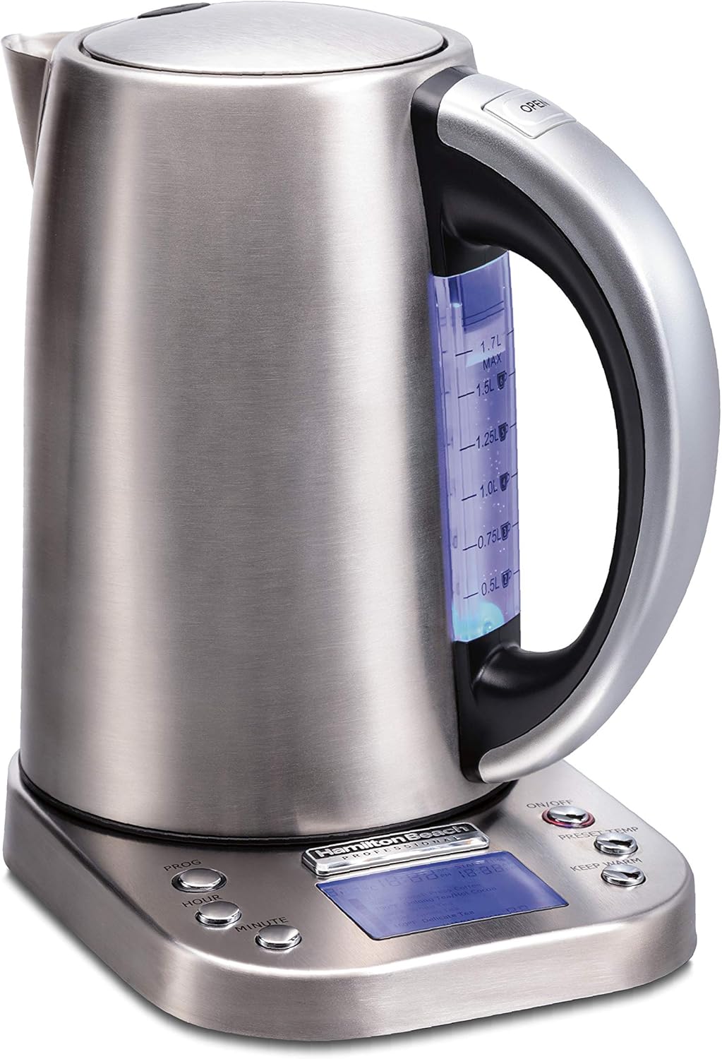 Hamilton Beach Professional Digital LCD Temperature Control Electric Tea Kettle, Water Boiler & Heater, 1.7 Liter, Fast Boiling 1500 Watts, Cordless, Auto-Shutoff & Boil-Dry Protection, Silver (41028)