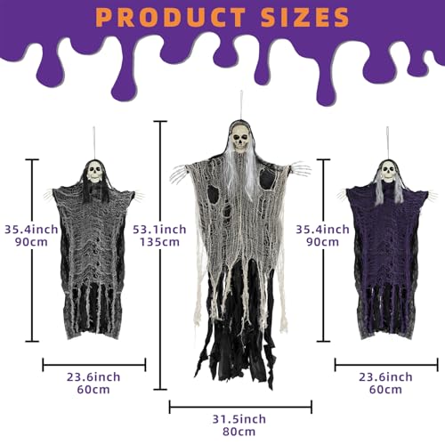 Halloween Decorations Outdoor and Indoor,3PCS Scary Hanging Ghosts,Halloween Grim Reaper Skeleton,Scary Party Decorations for Yard,Haunted House Decor