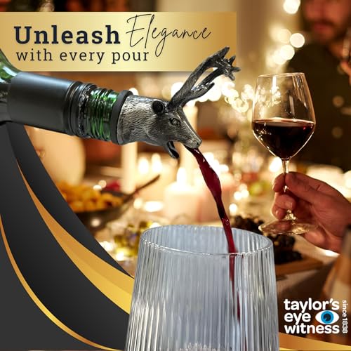 Matt Pewter Stag's Head Wine Bottle Aerator Pourer - Silicone Layered Seal. Classy Modern Design, Silver In Colour, Great For Beginners & Professionals, 12.3cm x 6cm