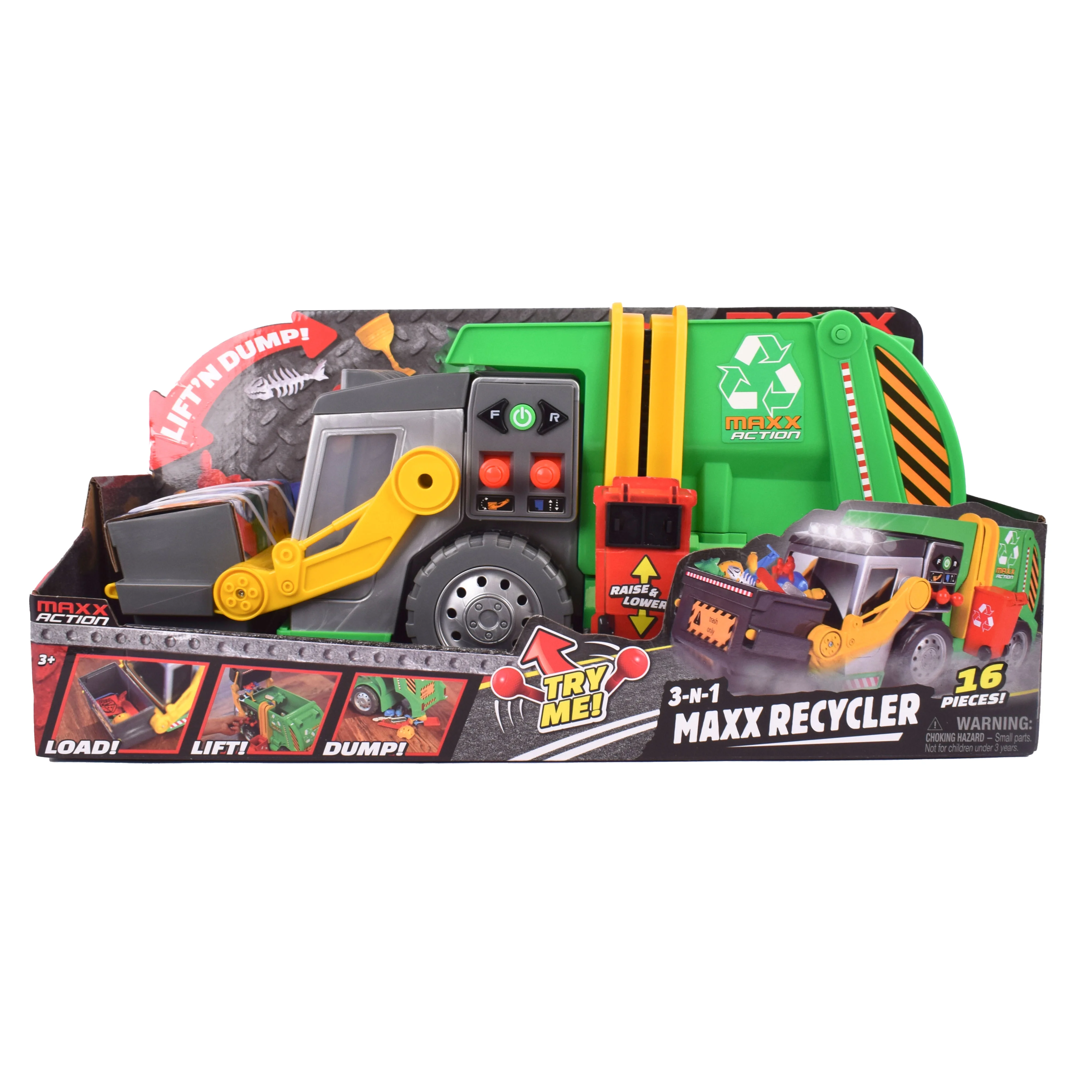 Maxx Action 3-N-1 Maxx Recycler  Garbage Truck with Lights, Sounds and Motorized Drive Includes 16 Accessories