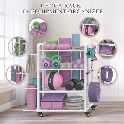 4-Tier Dumbbell Rack Stand Only, Adjustable Weight Rack for Dumbbells Kettlebells Yoga Mat, Home Gym Storage Rack with Wheels and Hooks, Powder Coated Finish