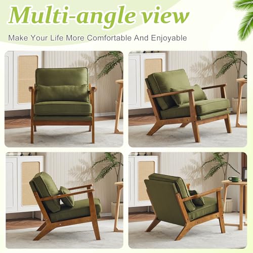 VINGLI Solid Wood Wide Armrests Accent Chair,Upholstered Mid Century Modern Chair with Pillow,Comfy Reading Chair Farmhouse Arm Chair,Chairs Living Room,Bedroom,Guest Room,Linen Fabric,Beige