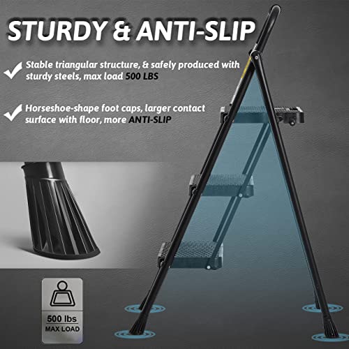 Double Elite Step Ladder 3 Step Folding with Handgrip, 500 Lbs Load Heavy Duty Steel Step Stool, Multi-use Folding Ladder with Anti-Slip Wide Pedals, Portable Kitchen/Closet Small Step Ladder, Black