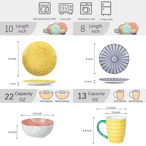 Selamica Ceramic 12-Pieces Dinnerware Sets, Ceramic Dish Plates and Bowls Sets, Service for 4, Dinner Salad Dessert Plates, and Cereal Bowls Set, Assorted Colors