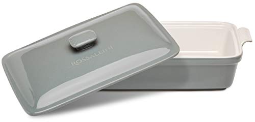 Stoneware Casserole Dish Bakeware Set with Lid, Covered Rectangular Dinnerware, Large 3.2 Quart, 11 by 9 Inch, Grigio [Grey]