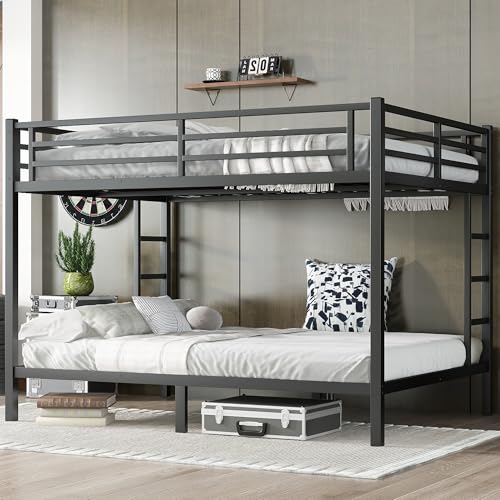 Heavy Duty Bunk Bed Frame with Ladder, Twin XL Over Twin XL Bunk Beds with Safety Guardrails, Adults Bunk Beds with Noise-Reducing Rubber Stoppers, Easy Assemble, Black