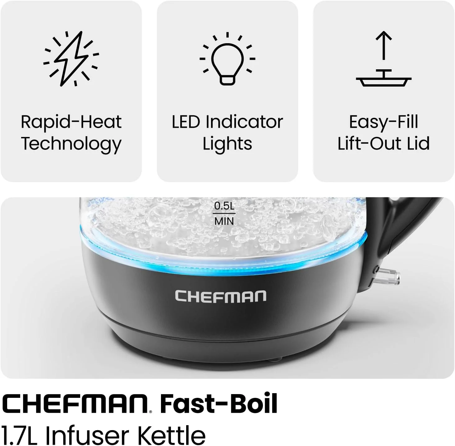 Chefman Fast Boil 1.7L Electric Glass Kettle w/ Tea Infuser, Removable Lid - Black, New