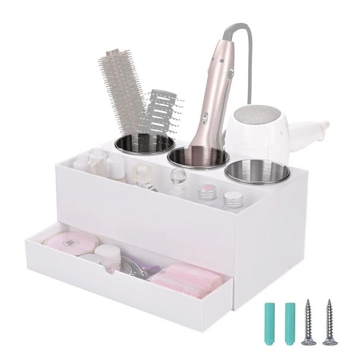 2-Tier Hair Tool Organizer Wall Mount,Organize Hair Tools with 3 Removable Cups,Versatile Storage Space for Home Bathroom, Hair Salon, Beauty Center
