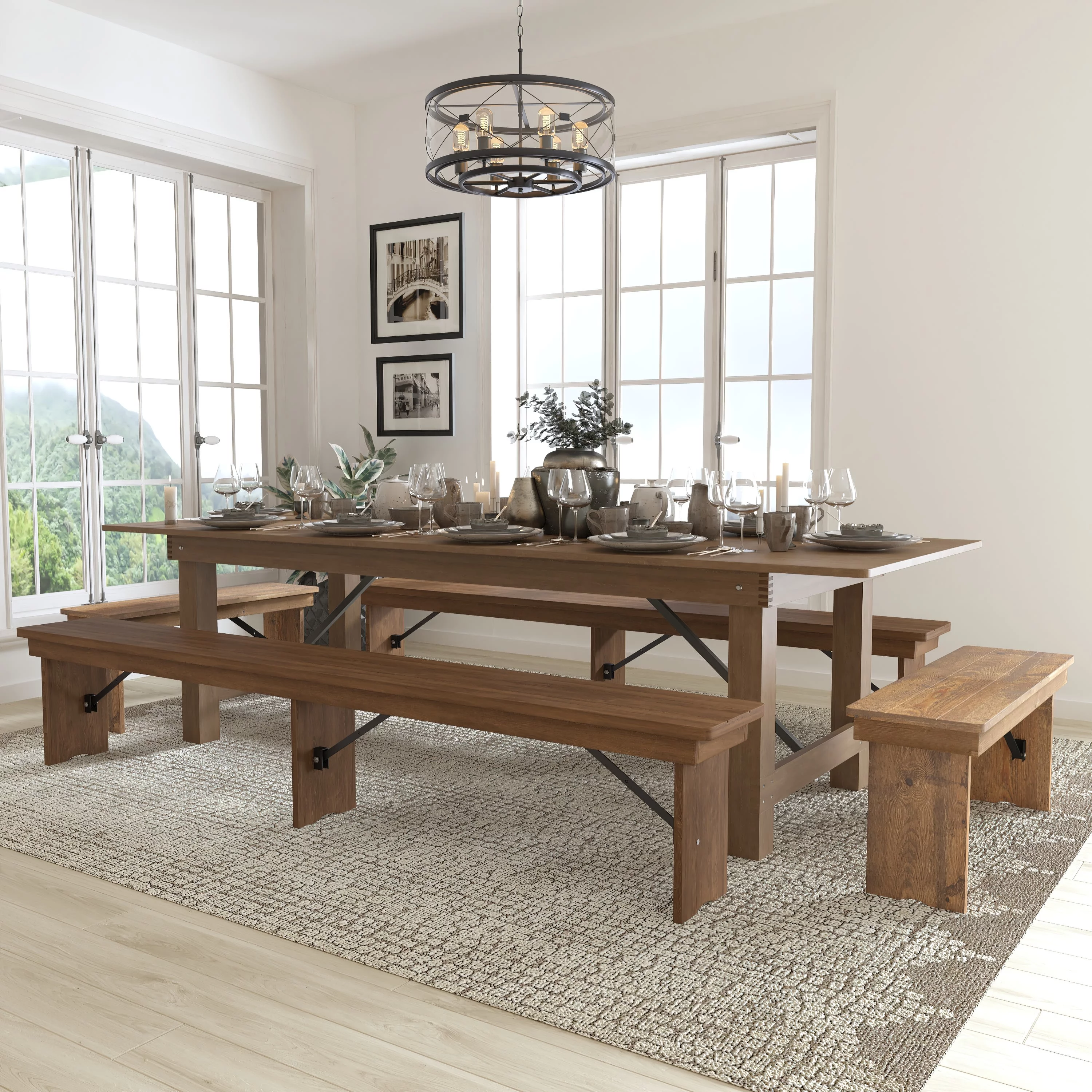 Flash Furniture HERCULES Series 9' x 40'' Antique Rustic Folding Farm Table and Four Bench Set