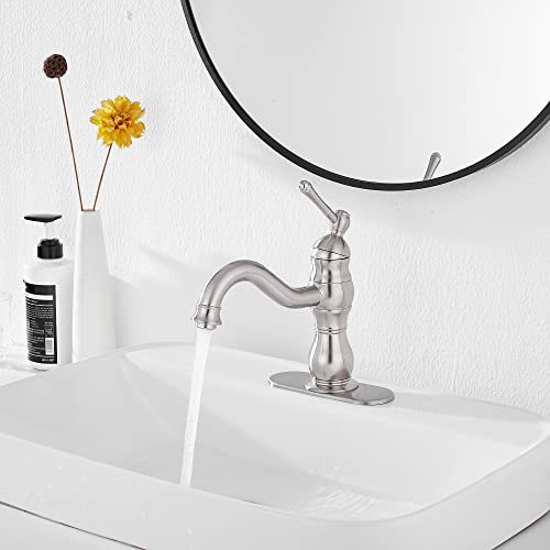 GGStudy 360° Swivel Antique Brass Bathroom Vessel Sink Faucet Single Handle One Hole Matching with Pop Up Drain