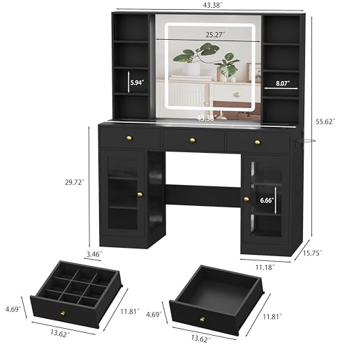 White Vanity Desk with Mirror and Lights, Glass Top Vanity with Lighted Mirror & RGB Glass Cabinet and 3 Drawers, Makeup Vanity Desk with Lights Dressing Table for Bedroom, 3 Color Modes