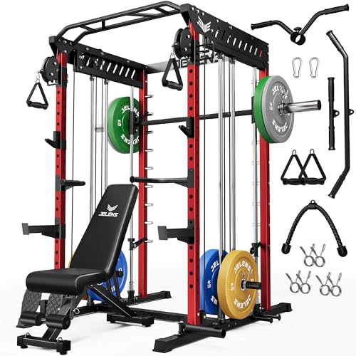 M21 Smith Machine, Multi-Function Power Cage with Dual Pulley Cable Crossover System, 2000LBS All-in-One Squat Rack with Smith Bar and Attachments