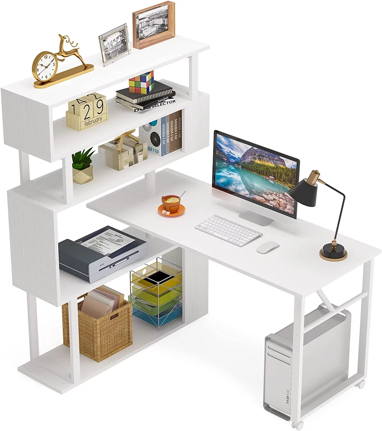 Rotating Computer Desk with 5 Shelves Bookshelf, Modern L-Shaped Corner Desk with Storage, Reversible Office Desk Study Table Writing Desk on Wheels for Home Office (White)