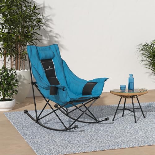 Dowinx Oversized Rocking Camping Chair, Fully Padded Patio Chair with Side Pocket and Carry Bag, High Back Portable Lawn Recliner with Headrest, Support 300 lbs, Grey