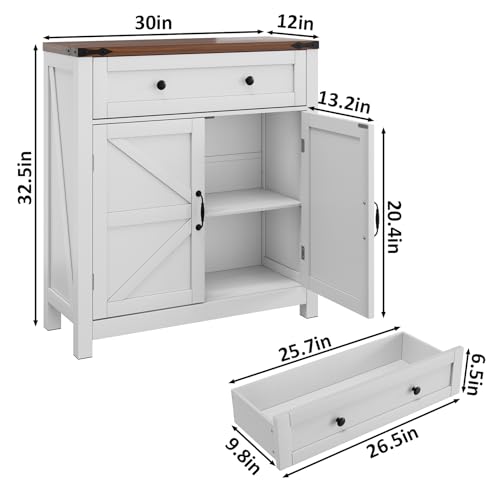 Farmhouse Storage Cabinet with 2 Doors, White Kitchen Cabinet with Walnut Countertop, Freestanding Floor Storage Cabinets Hutch Cupboard