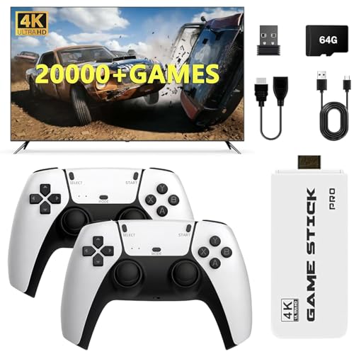 Wireless Retro Game Console Stick Built-in 20000+ Classic Games, 4K HDMI Output Nostalgia Plug & Play Retro Video Gaming Stick with 9 Emulators and Dual 2.4G Wireless Controller（64GB Black）
