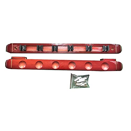 Wall-Mounted Billiard Cue Stand - Wooden Pool Cue Rack with Clips, Holds 6 Cues, Ideal for Pool Bars & Clubs, Perfect for Billiard Players - Red Color