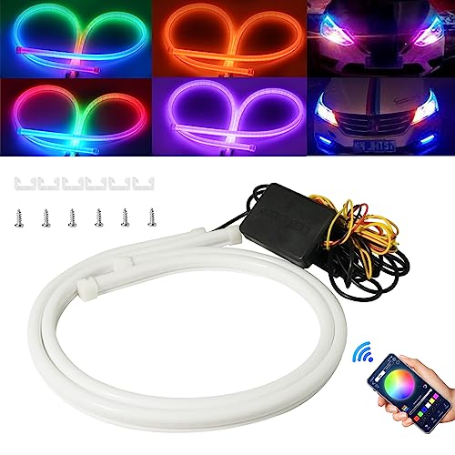 Qasim Sequential LED Strips APP Bluetooth Control RGB Multi Color Headlight 24Inch LED Daytime Running Lights Flexible DRL Tube Strip 12V 2-Pack