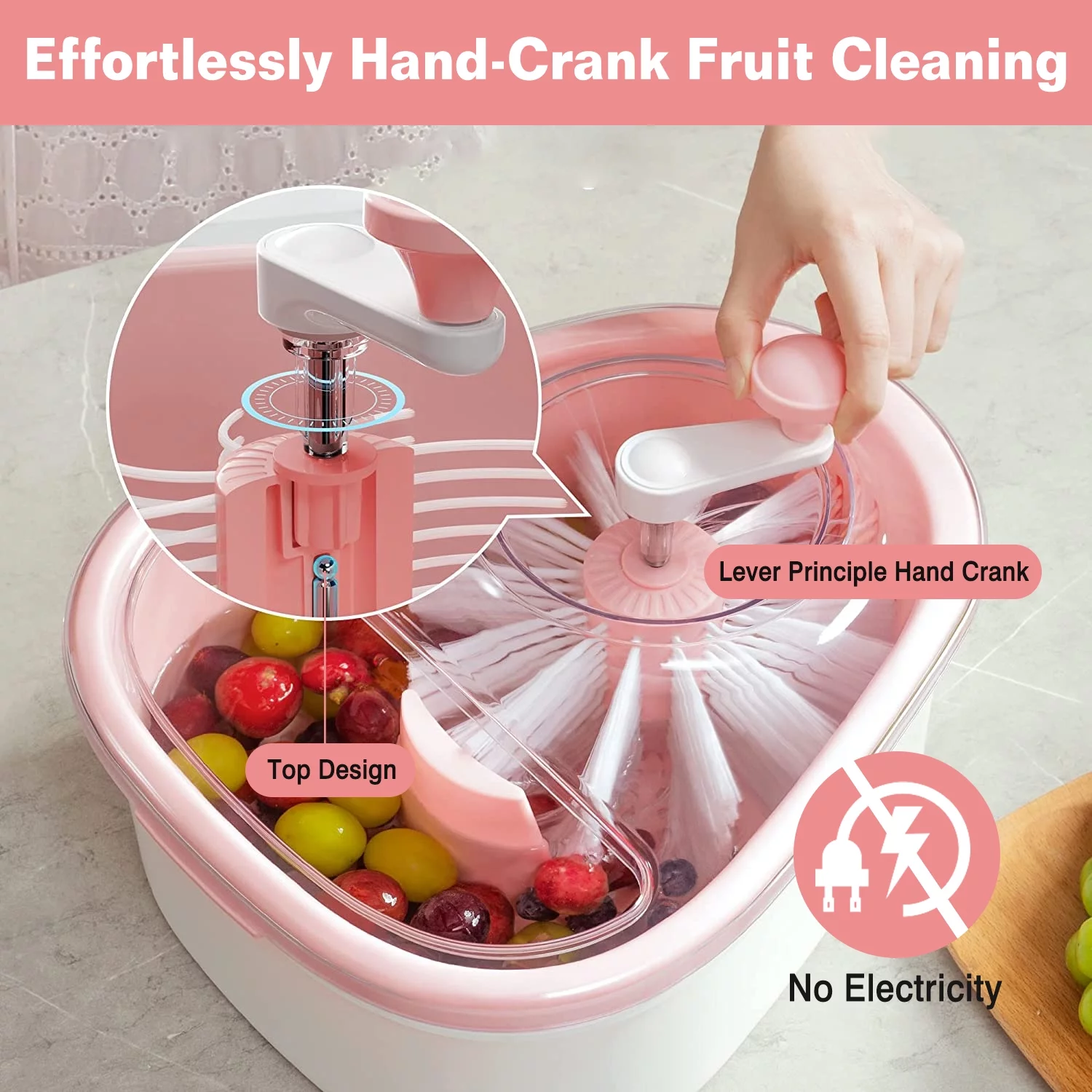Fruit Vegetable Cleaning Device, iMounTEK Salad Washing Spinner with Brush Handle, Fruit Washing Machine with Bowl, Pink