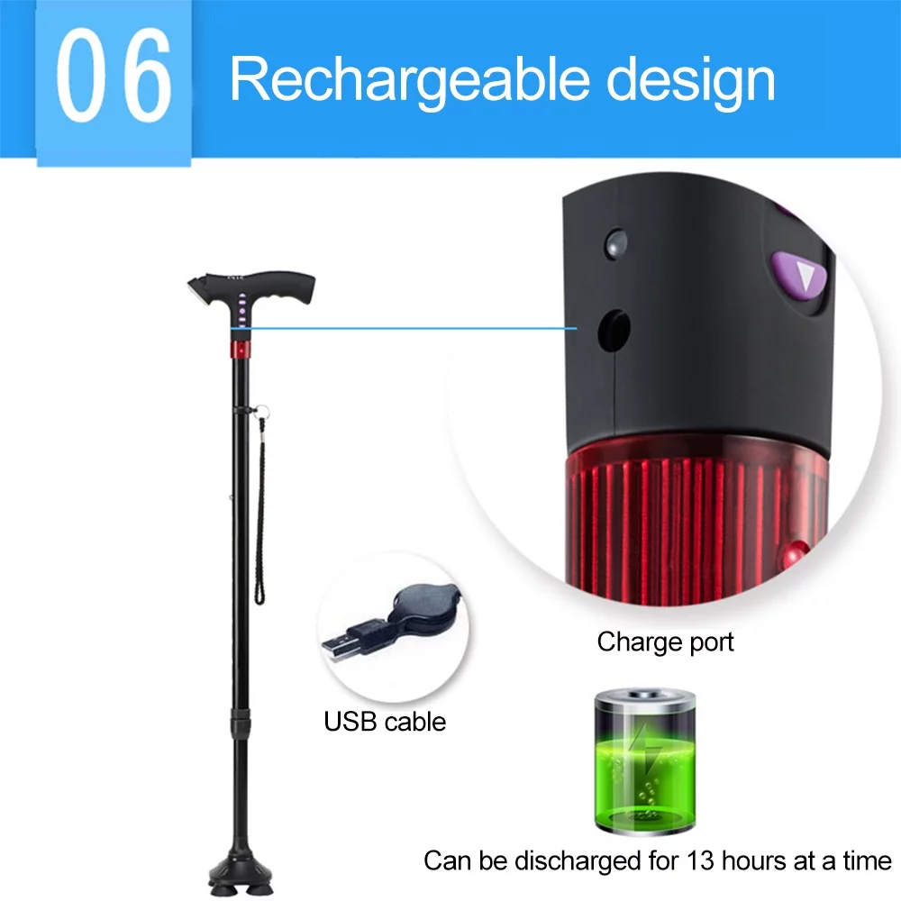 Eccomum Elderly Adjustable L-ED Walking Cane MP3 Smart Safety Fall Alarm Walking Stick