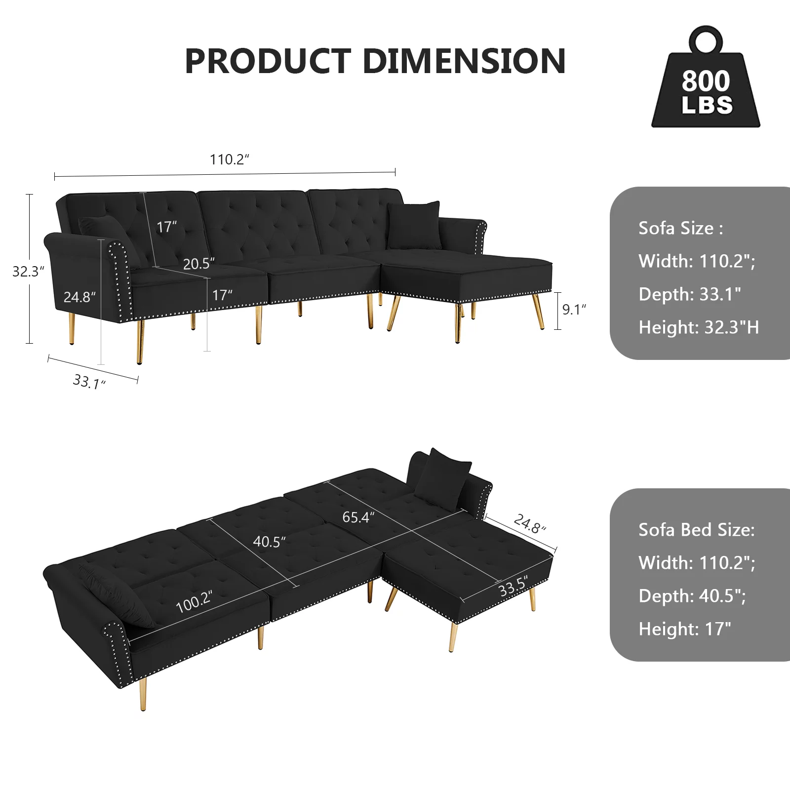 Lecut 110” Velvet L Shaped Modern Reversible Sectional Couch with Removable Ottoman Nailhead Trim 3 Seater Sofa with Metal Gold Legs black