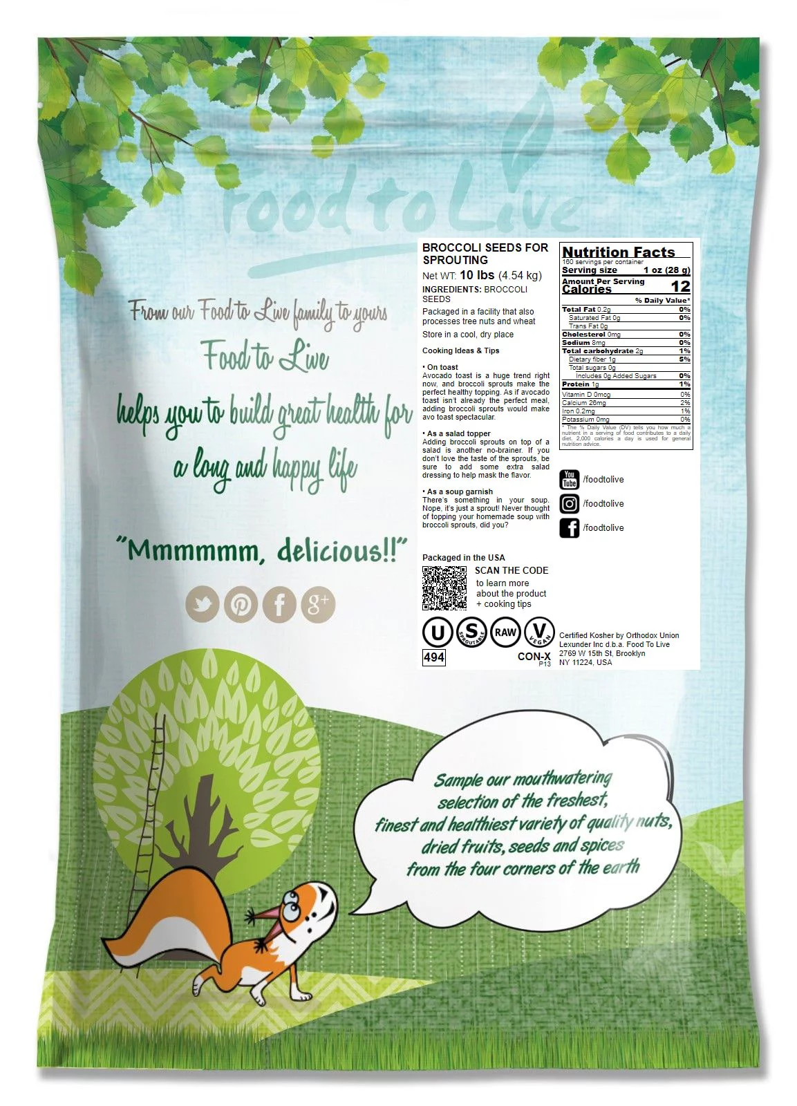 Broccoli Sprouting Seeds, 10 Pounds — Kosher, Sproutable, Raw, Vegan — by Food to Live