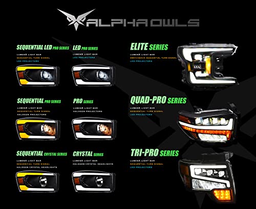 Alpha Owls 8710401 Crystal Headlights With Switchback Sequential LED Light Bar & Startup Light - Black Amber Fits 2009-2018 Dodge Ram 1500 2500 3500/2019-2023 Classic Halogen Models