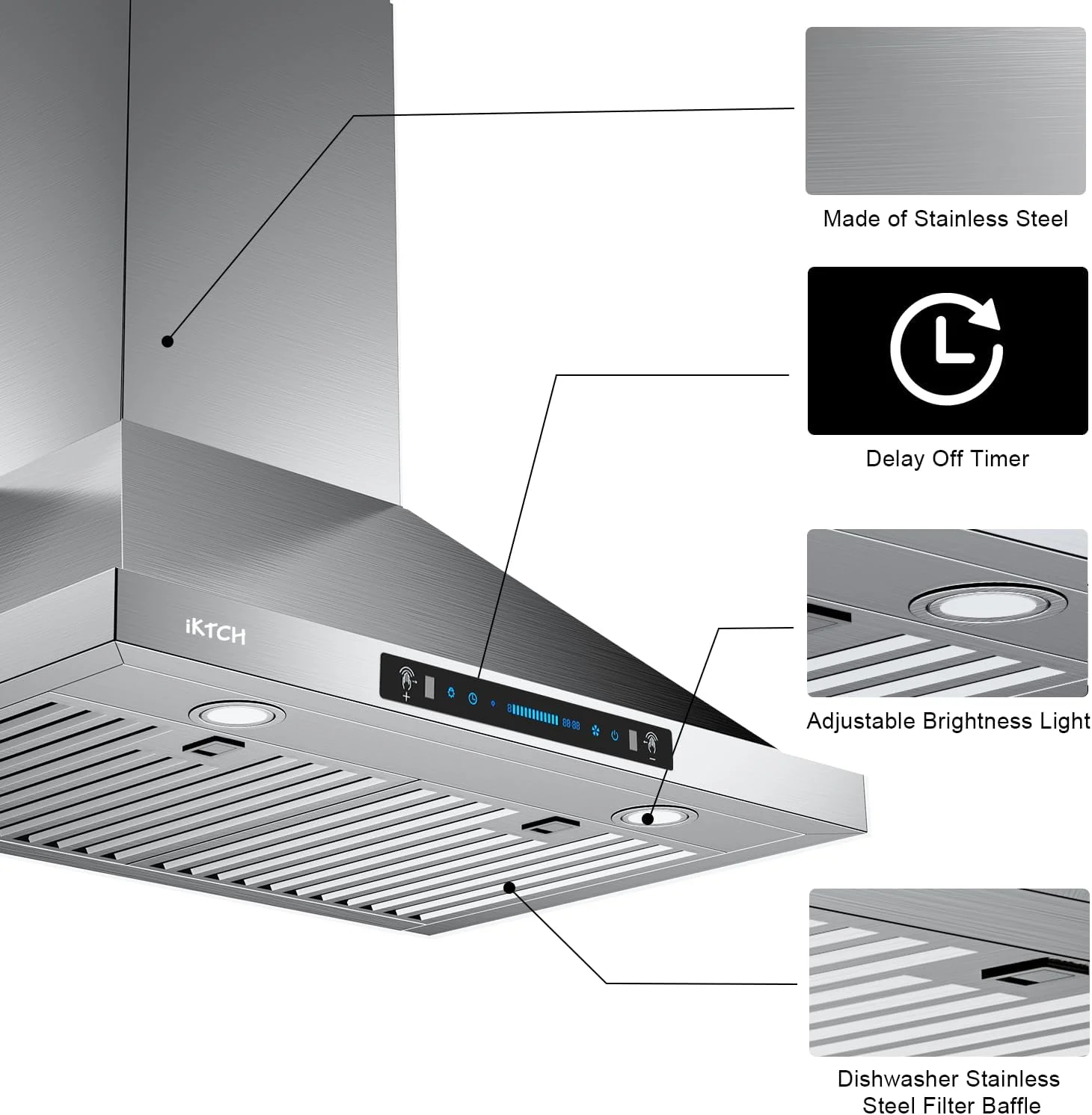 IKTCH 30 inch Wall Mount Range Hood 900 CFM Ducted/Ductless Convertible, Kitchen Chimney Vent Stainless Steel with Gesture Sensing & Touch Control Switch Panel, 2 Pcs Adjustable Lights(IKP02-30)