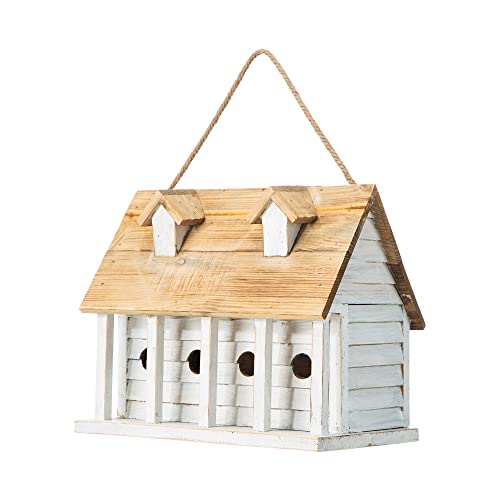 Glitzhome 14.25”L Wood Hanging Birdhouse for Outdoors Oversized Distressed Cottage Painted Bird House Rustic Bird House for Bluebird Wren Chickadee Sparrow Bird Nest Box for Garden Patio, Washed White