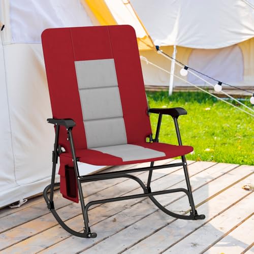 COSTWAY Oversized Folding Rocking Camping Chair, Padded Portable Outdoor Rocker with Side Pocket and Hard Armrests for Patio, Lawn, Backyard, Supports up to 500 lbs, Red