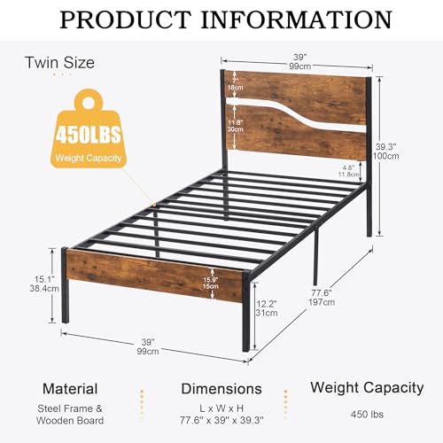 VECELO 2 Set Twin Bed Frame with Wood Storage Headboard & Footboard, Heavy Duty Metal Platform, Large Under Bed Storage, Noise-Free, No Box Spring Needed, Easy Assembly, Rustic Brown