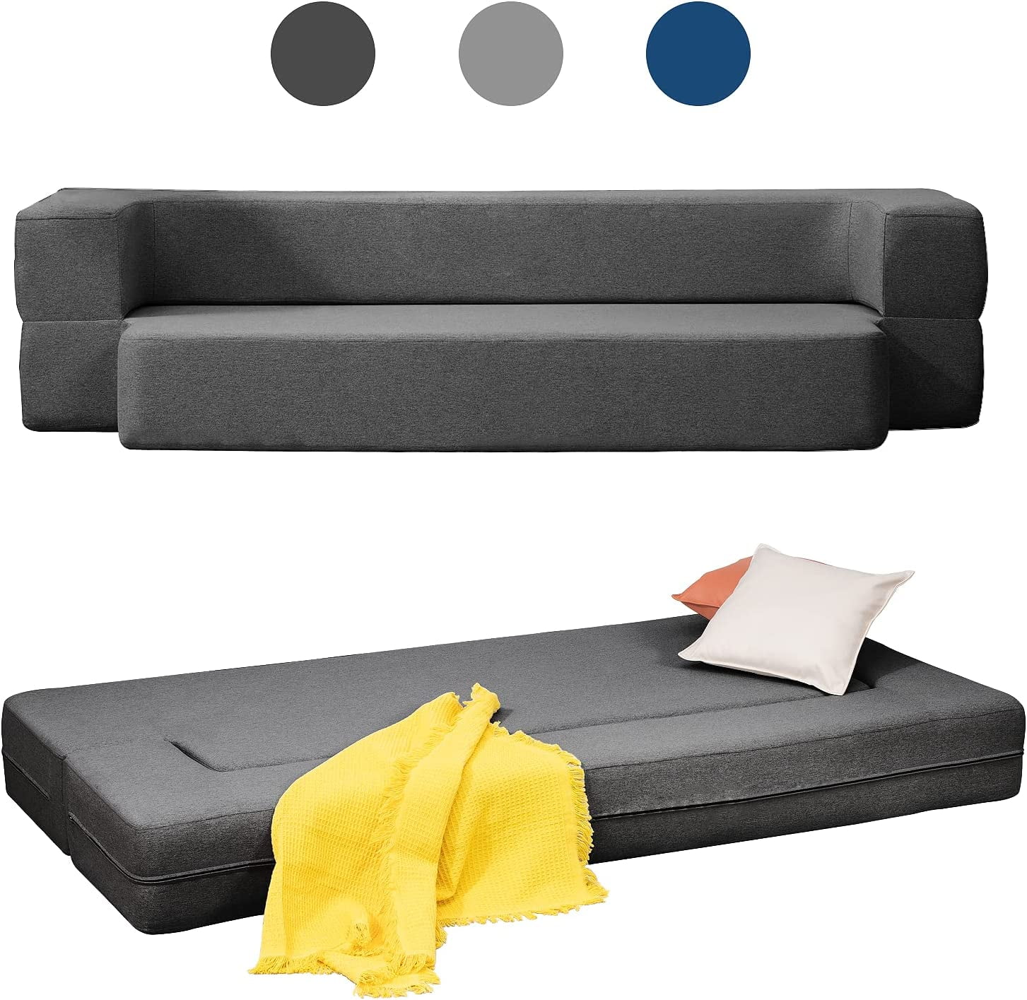 Mjkone Folding Queen Size Sleeper Sofa Bed,Convertible Couch Bed,Floor Foam Mattress, Linen Fabric,Memory Foam Futon Couches for Living Room/Bedroom/Office,Dark Gray