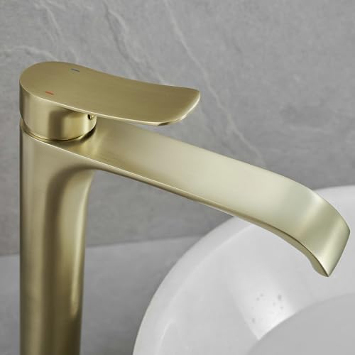 Brushed Nickel Vessel Sink Faucet, Single Handle Modern Waterfall Tall Bathroom Sink Faucet, Brass, 1 Hole, 1 Handle, Deck Mount, Vessel Install, Includes Supply Hoses, Drain, Manual