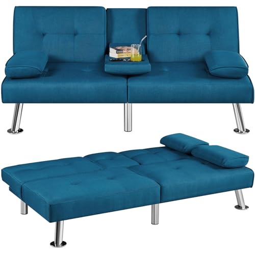 Yaheetech Convertible Sofa Bed Adjustable Fabric Couch Sleeper Modern Recliner Reversible Loveseat Folding Daybed Guest Bed, Removable Armrests, Cup Holders, 3 Angles, 772lb Capacity, Dark Gray