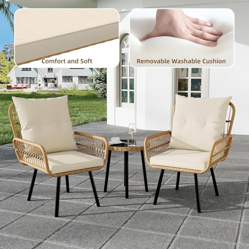 3 Piece Patio Bistro Set, Outdoor Wicker Table and Chairs Set of 2, All-Weather Rattan Balcony Furniture Set with Cushions for Patio Front Porch Backyard, Poolside Deck, Apartment