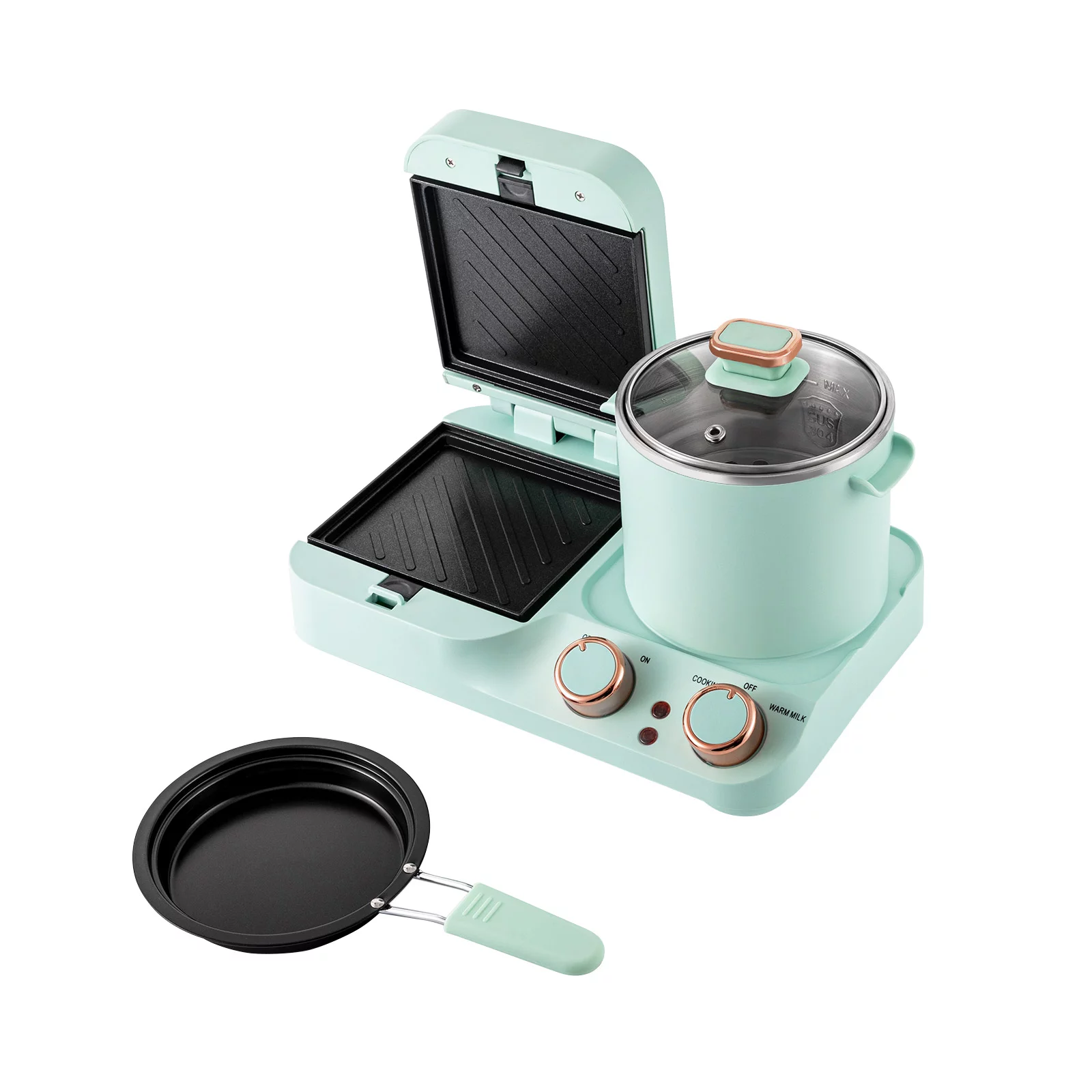 Oukaning 3in1 Breakfast Station Electric Mini Toaster Bread Breakfast Sandwich Maker Soup Pot Frying Pan Pot