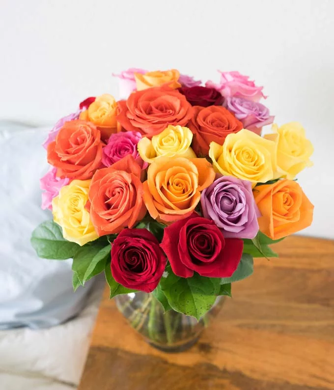 From You Flowers - Two Dozen Mixed Rainbow Roses + Chocolates + Bear (Fresh Flowers)