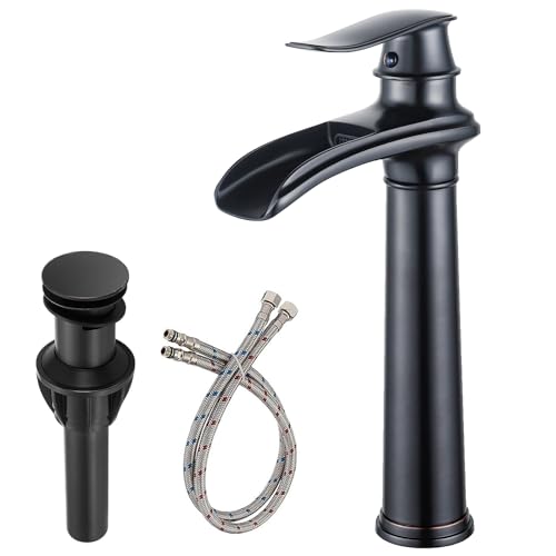 Bathroom Vessel Sink Faucet, Waterfall Oil Rubbed Bronze Bathroom Faucet, Vessel Faucet, Tall Body 1 Hole Single Handle with Pop Up Drain Combo Vanity Mixer Tap Basin Bowl Sink