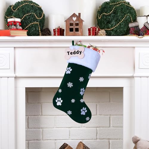 Black Pet Christmas Stockings, 20'' Dog Paw Embroidered Snowflake Pattern Hanging Xmas Stocking with Wooden Bone Tag, Nylon Flock with Plush Cuff Stockings for Xmas Holiday Party Pet Home Décor