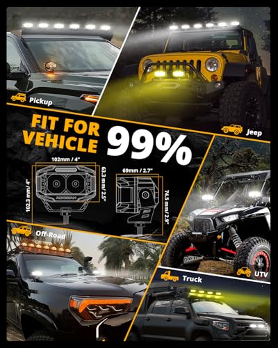 Auxbeam V-MAX Series 72W LED Pod Driving Lights, 4x2.5 Inch Rectangle Side Shooter Offroad Cube Spotlights with Amber DRL, 270° Combo Beam 6 Modes White/Amber/Yellow Auxiliary Lights with Covers
