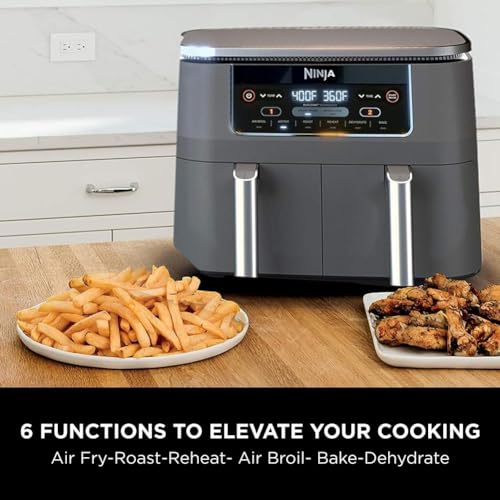 Ninja Foodi 10QT 6-in-1 DualZone Smart XL Air Fryer, 2 Independent 5QT Baskets, Smart Cook Thermometer, Match Cook, Smart Finish, Air Fry, Roast, Bake, Dehydrate, Reheat, Grey, DZ550
