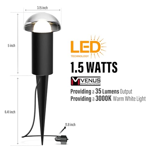 Low Voltage Landscape Pathway Lighting 6PK 1.5W LED Mushroom Lights 35Lumen Wired Walkway Light 3000K Warm White Driveway & Sideway Lights Metal Black Finish with Connector Stake