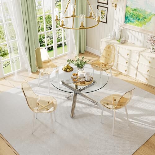 Round Glass Dining Table Set for 4, 47'' Circle Dining Table Set, Glass Dining Room Table Set for 4 with Clear Acrylic Chair, Kitchen Table Chairs Set with Round Base for Dining Room,Amber