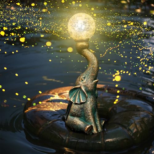 Elephant Statue Light for Garden Decor, Outdoor Sculpture Figurine Statue with Solar Cracked Glass Ball Light for Patio Lawn Decor, Yard Lawn Elephant Decor Statue Lamp (Bronze)