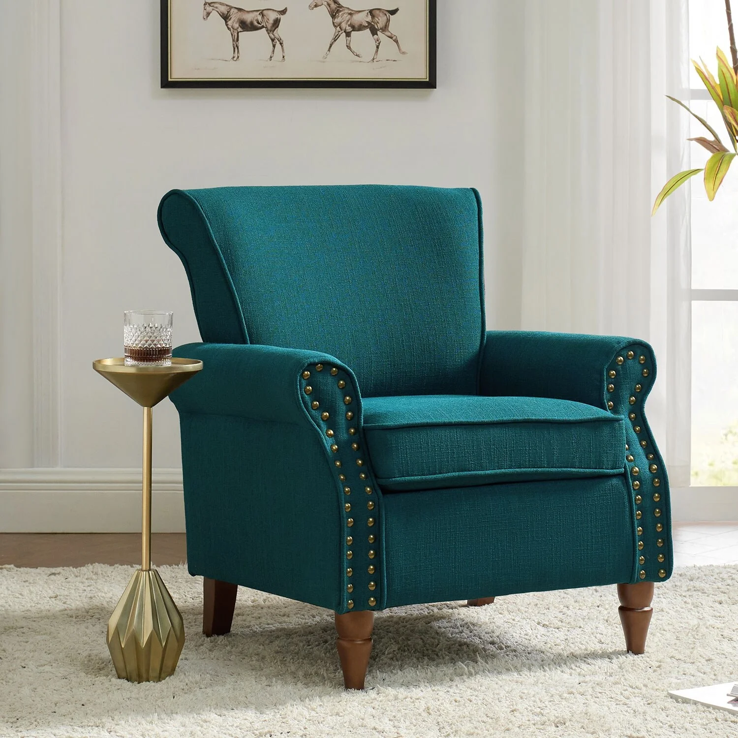HULALA HOME Nyctelius Upholstered Comfy Accent chair with Classic Turned Wooden Legs and Nailhead Trim by  Teal