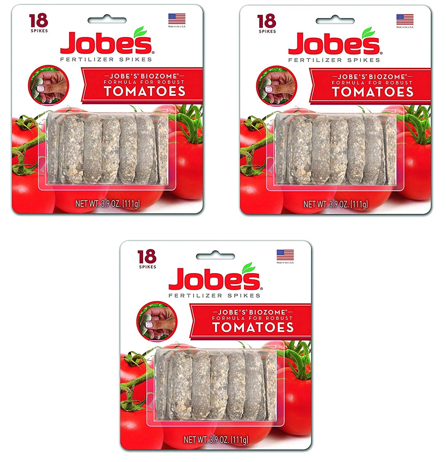 Jobe’s Tomato Fertilizer Spikes, 6-18-6 Time Release Fertilizer for All Tomato Plants, 18 Spikes per Blister Package, 3-Pack, 54 Spikes Total
