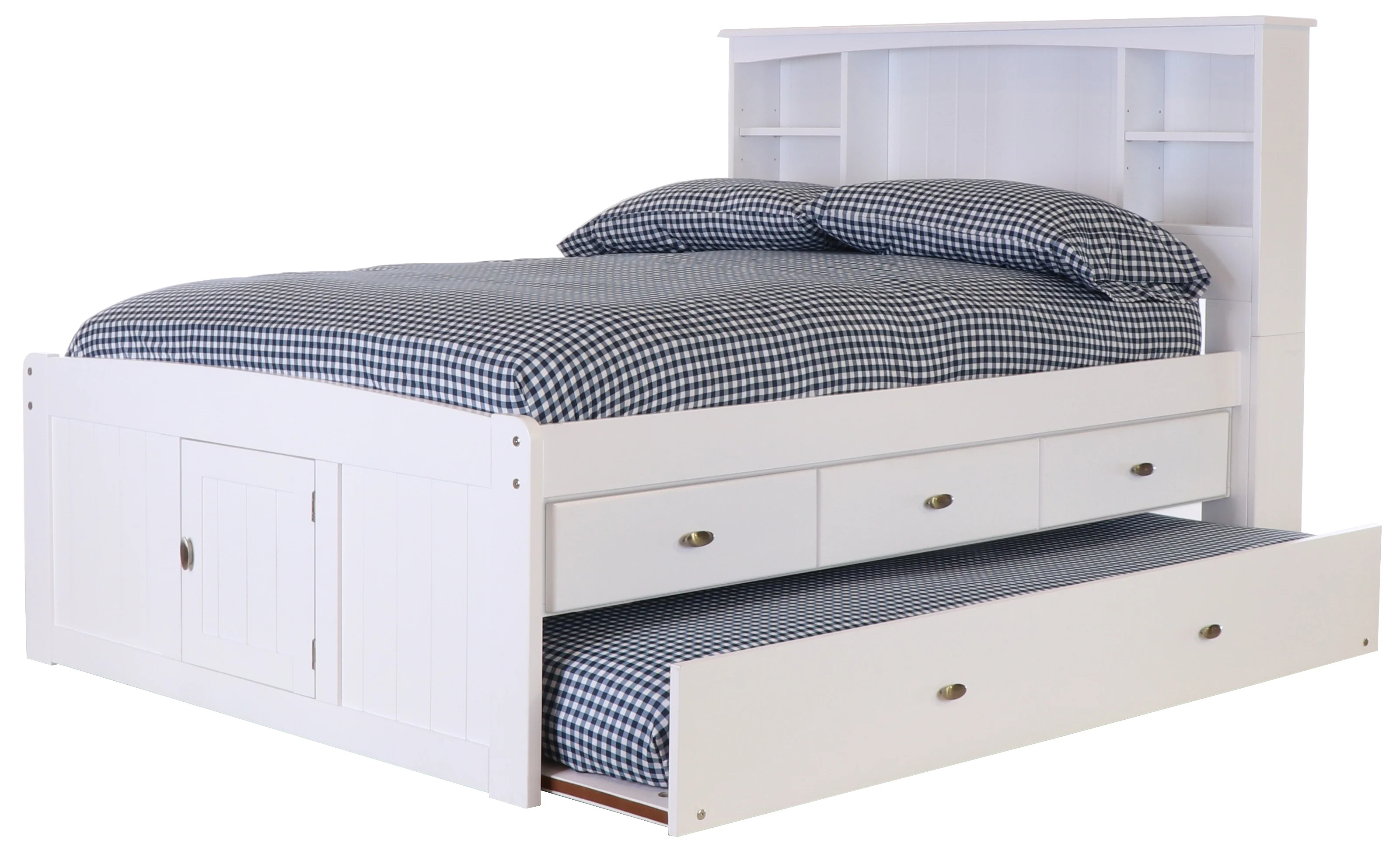 OS Home and Office Furniture Model 80221K3-22 Solid Pine Full Sized Captains Bookcase Bed with 3 spacious under bed drawers and a Twin Trundle in Casual White